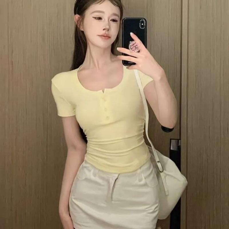 Cream Yellow Short-sleeved Right Shoulder T-shirt for Women Summer Pleated Slim Fit Hot Girl Tight Short Bottoming Shirt Top