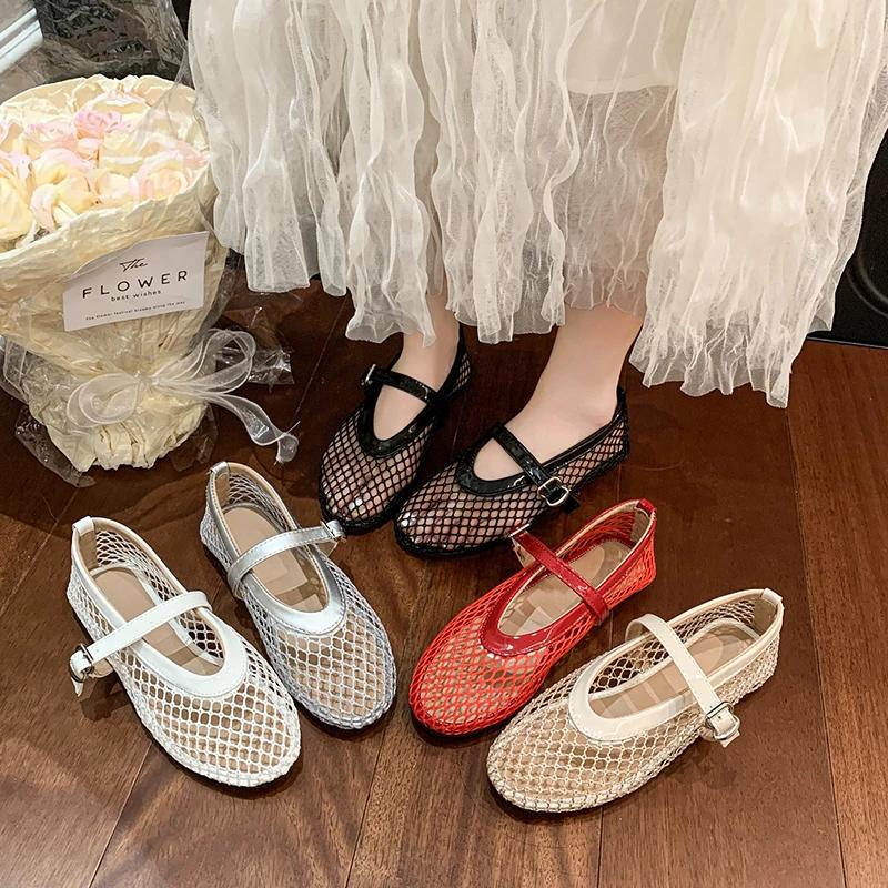 Round Toe One Buckle Strap Ballet Shoes Women's Summer New Flat Shoes Cutout Mary Jane Single Fishnet Shoes