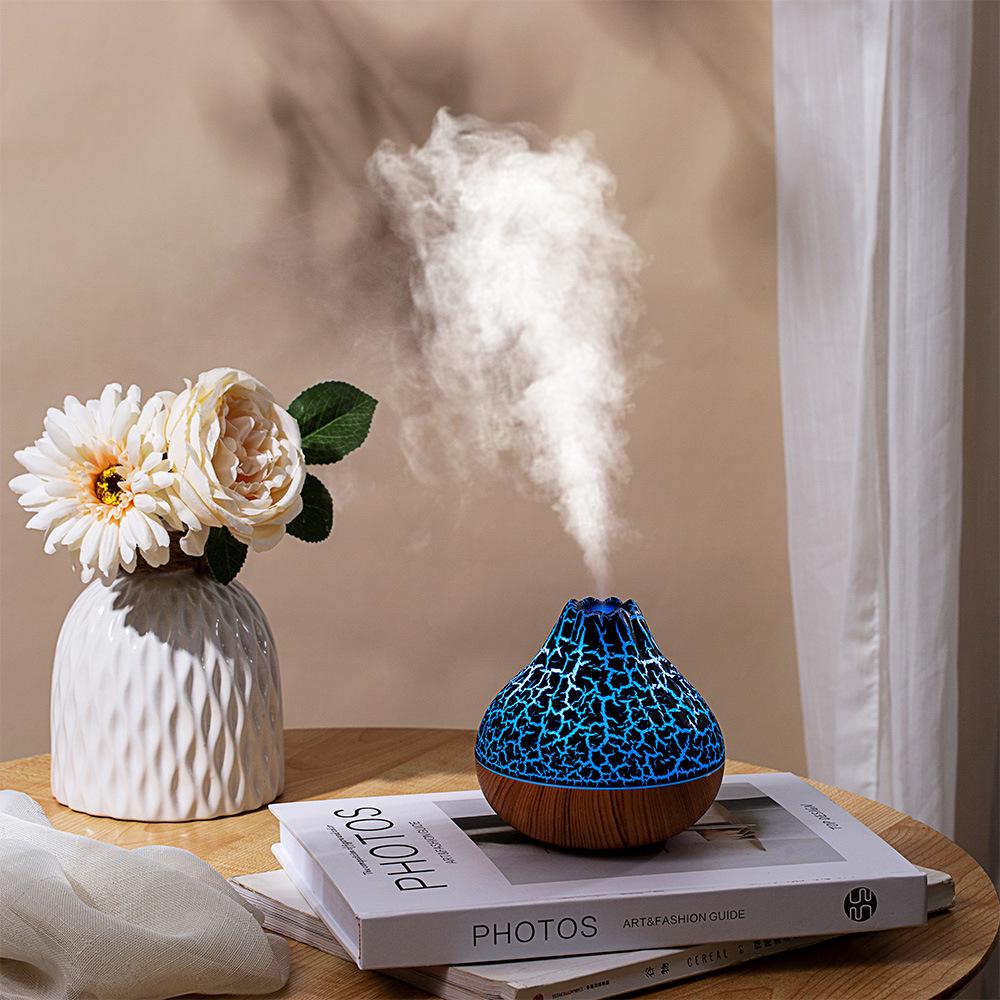 USB Wood Grain Mini Volcano Humidifier with LED Flame Effect - Large Mist & Night Light