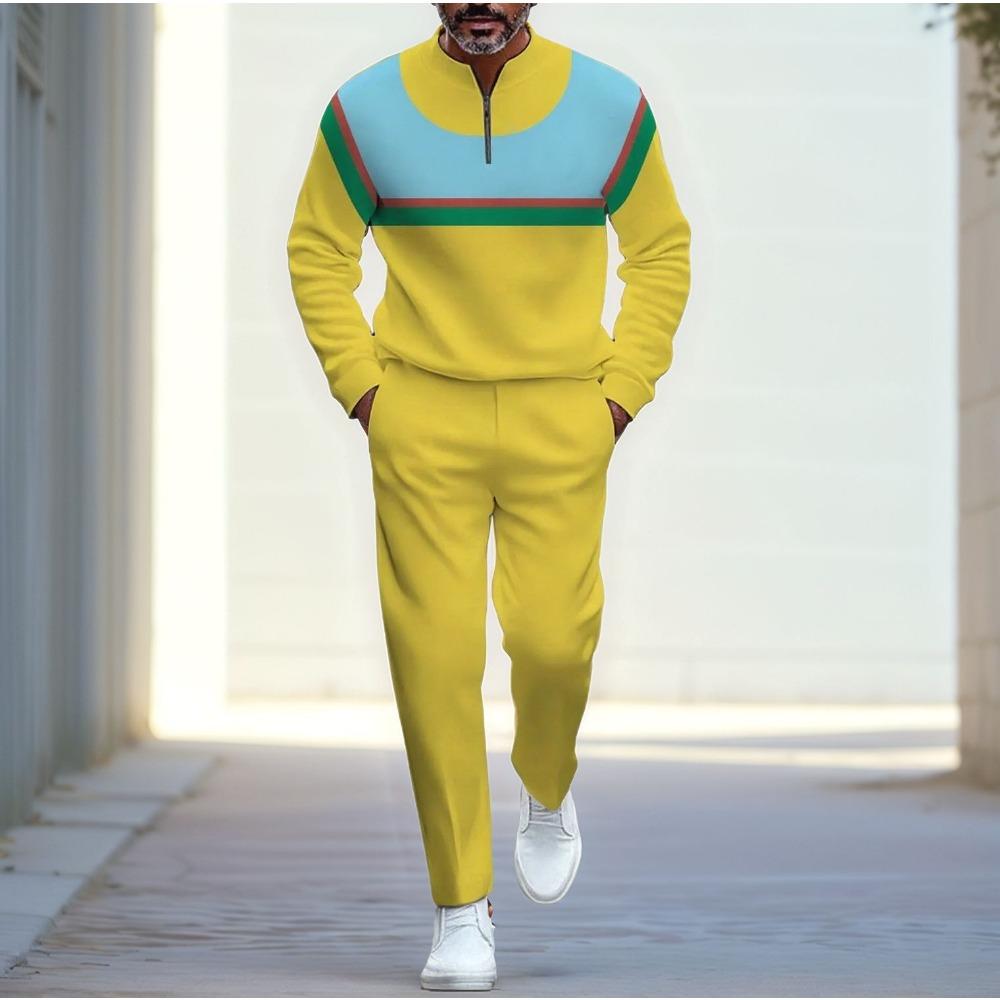 Spring Autumn 3D Printed Fashion Men's Long-Sleeved Sets Half-Zipper Stand-Up Collar Men's Casual Sportswear Two-Piece set