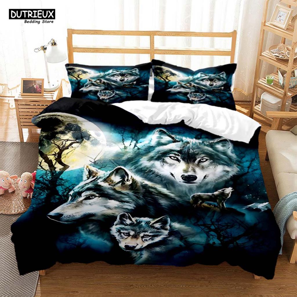Forest Animal Wolf Printed Polyester Bedding Set Soft And Comfortable Comforter Bedding Sets Complete Size Customizable