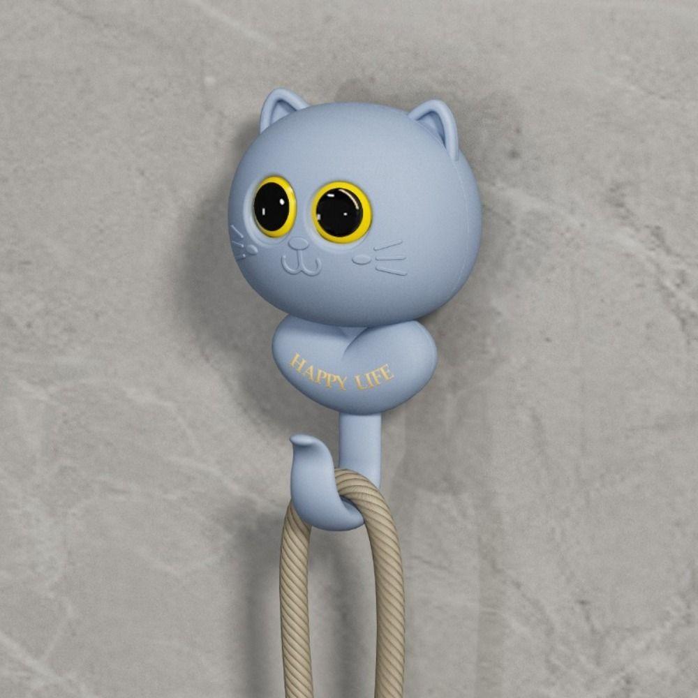 Free Punching Cartoon Cat Hooks Plastic Animal Shape Hook Sticky Hooks Hat Hanger Bathroom