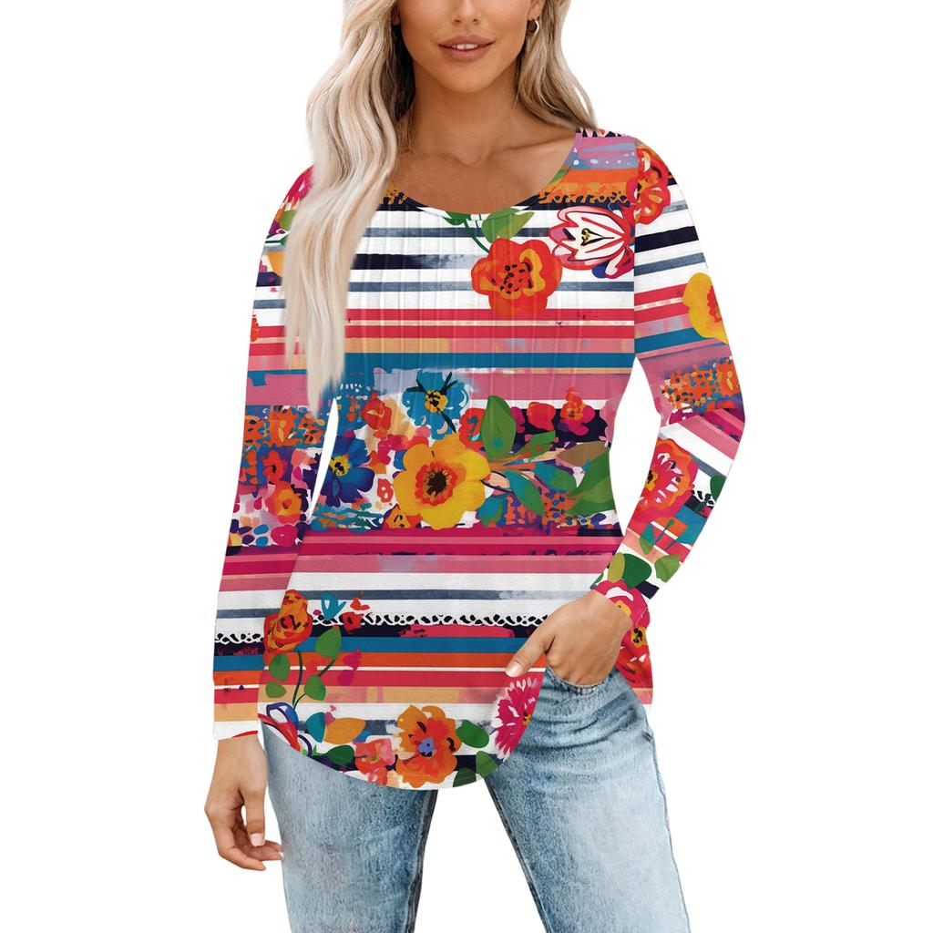 Women's Fashion Casual Pleated Round Neck Vintage Floral Print Long Sleeve T,Shirt Top