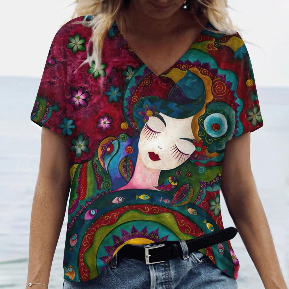 Facial Printed T-shirt Short Sleeved Top Casual Street Women's T-shirts