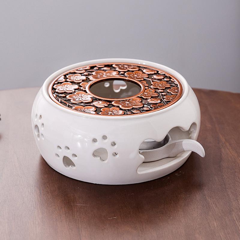 Japanese Style Ceramic Tea Warmer with Candle-Heated Insulated Glass Pot.