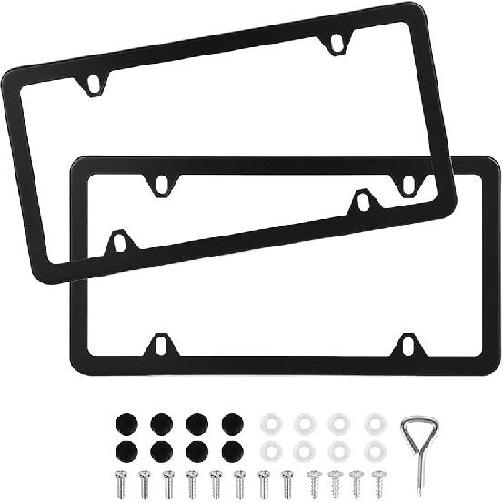 2 Pack Black License Plate Frames, Stainless Steel License Plate Cover, Matte License Plate Holder Car Accessories with Screw Caps (4 Holes)