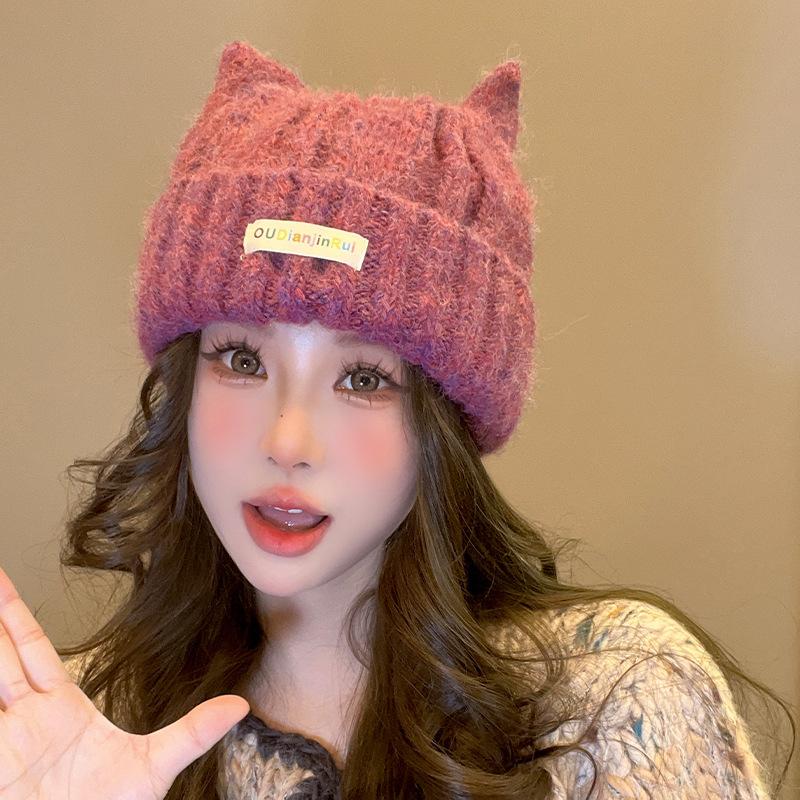 Japanese Cat Ear Woolen Hat for Women In Autumn and Winter Warm and Cute Knitted Hat Korean Style Casual All Match Pullover Cold Hat