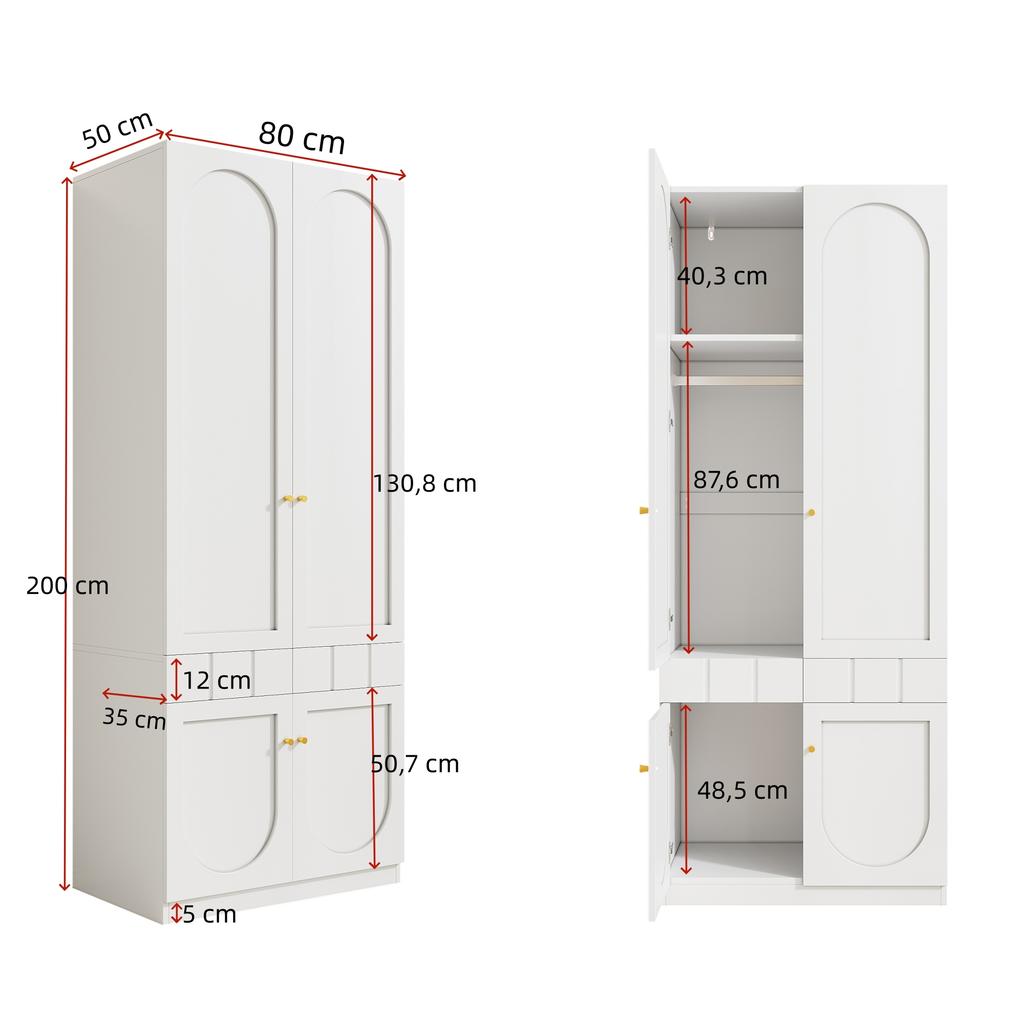 2-Door Wardrobe, Lacquered Wardrobe, Wardrobe with Clothes Rail and Drawers, Bedroom Furniture, Metal Handles, White, 80×50×200 cm