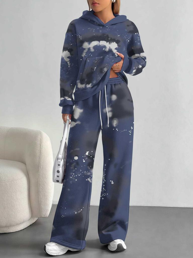 European And American Autumn And Winter Casual Long-Sleeved Retro Pattern Set Women'S Hooded Sweater Trousers Two-Piece Set