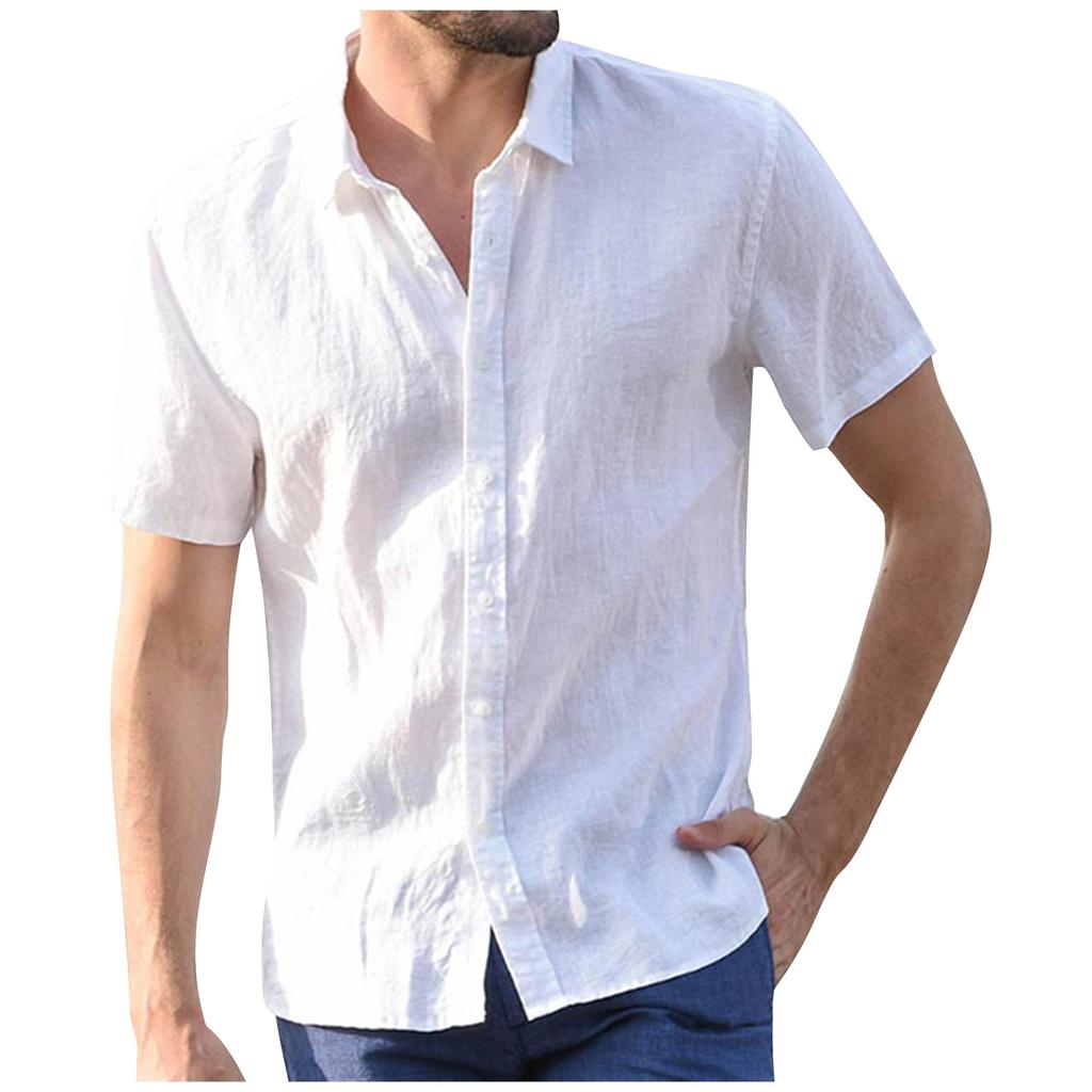 Summer Men's Lapel Button Short Sleeved Cotton Linen Shirt Casual Top