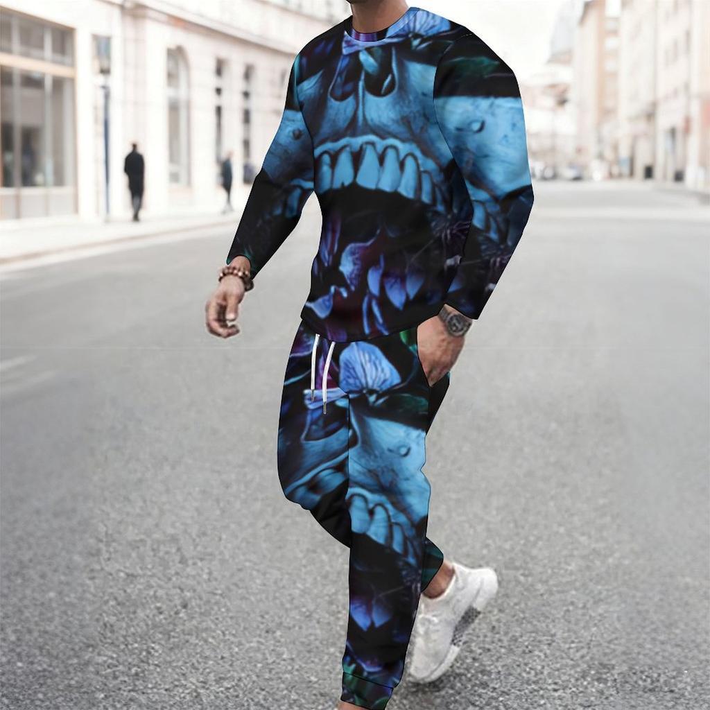Men Black Purple Rose Skull Blue Butterfly Print Long Sleeve Sweatshirt Jogger Pants Two Piece Suit
