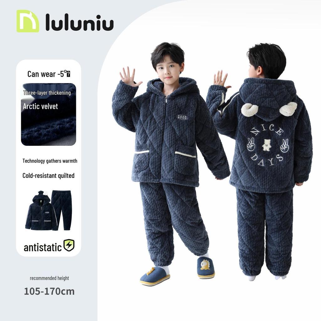 Boys' Winter Quilted Flannel Pajamas - Three-Layer, Medium & Large, Coral Fleece Warm Homewear