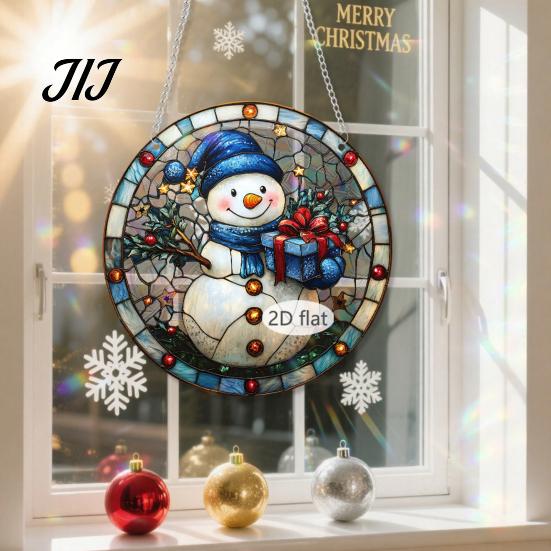 Lightweight Christmas Wall Ornaments 2D Acrylic Hanging Ornaments, Stained Glass Style Snowman Santa Snowflake Holiday Window Decorations for
