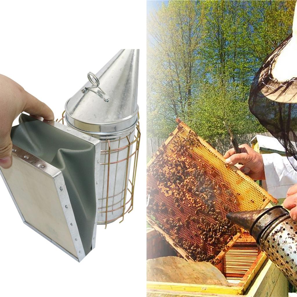 Beekeeping Stainless Steel Leather Smoker Anti-scalding Cover Bottom Manual Smoke Maker Drive Away Bees Hive Box Tool 1 Set