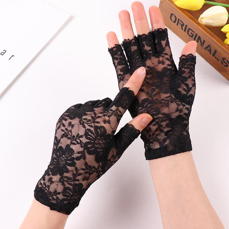 Women's Black Lace Fingerless Gloves: Sexy, Floral, Mesh, Elastic, Breathable for Spring, Summer, Autumn