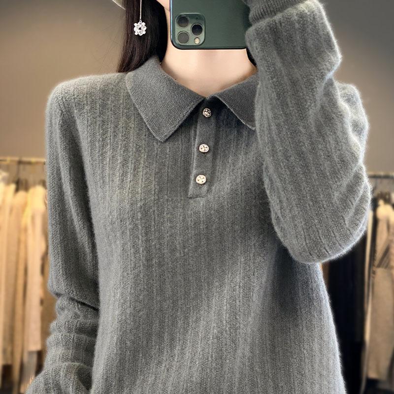 Lapel Buckle Cardigan for Women In Autumn and Winter Ultra-fine Wool Knitted Base Sweater Warm and Versatile Long-sleeved Top