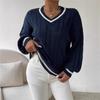 Sweaters - Women's Cable Knit V Neck Long Sleeve Loose Sweater, Fall Winter Casual Knit Top Women, Crossborder Apparel