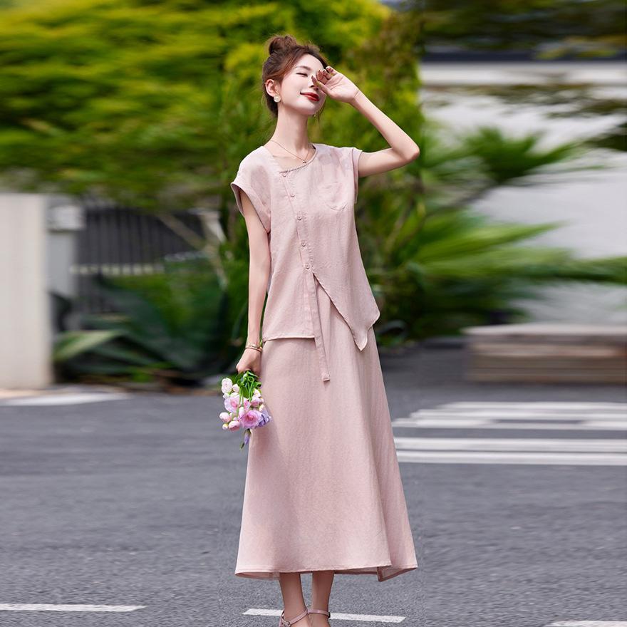 Fashion Linen Blend Shirt Set Skirt Women's Summer New Skirt Wear a Complete Set
