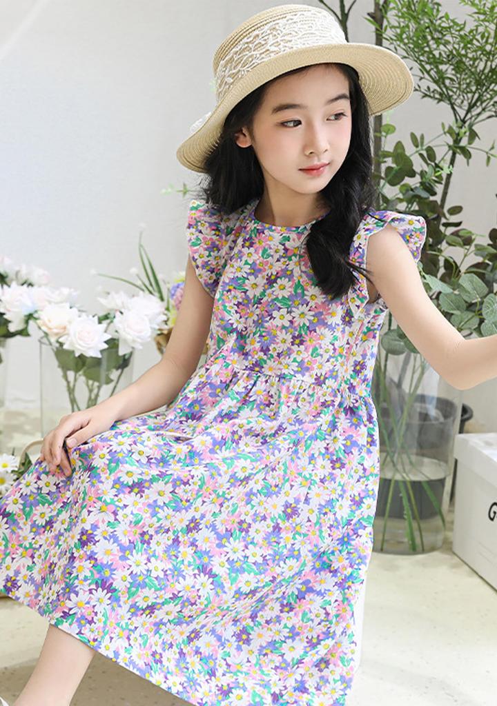 OMZIN Short Sleeve Dress for Sister Floral Print Size 120 Girls, Kids, Outfit, All-Over Print, Casual, Dress, Purple,