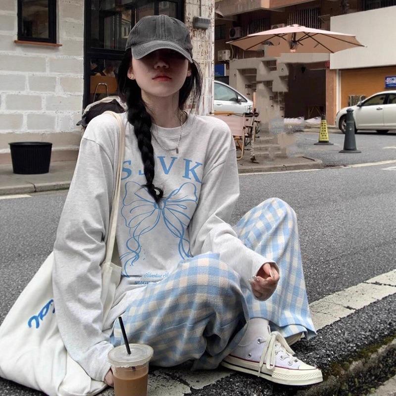 Letter Bow Women's Long Sleeved T-shirt Round Neck New Woman Pullover Tees Autumn Loose Fashion Base Ladies Top