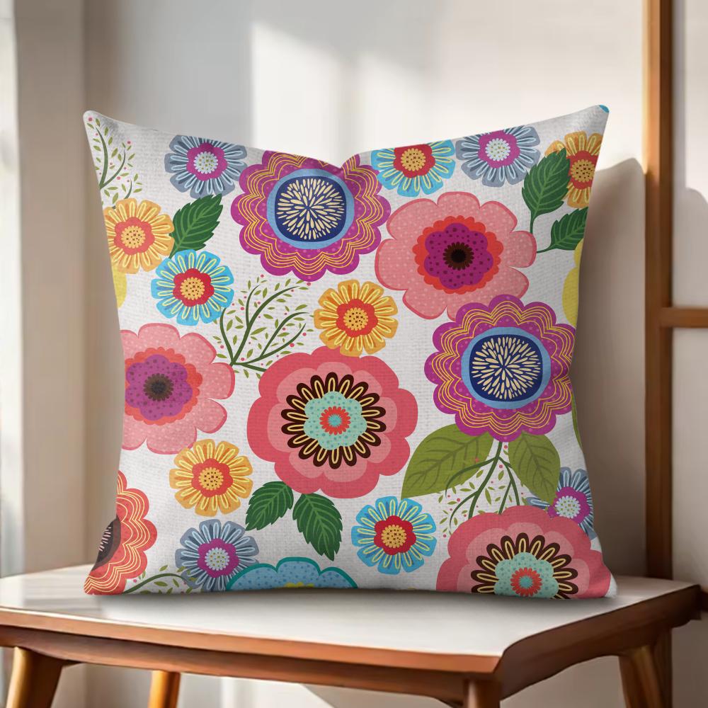Colorful Flowers Cushion Cover Natural Linen Organic Fabric DoubleSided Printing Couch Pillow Covers Home Decor