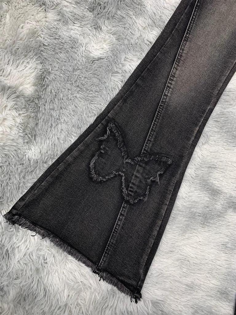 Women's Retro Butterfly Embroidered Low Waist Flared Jeans