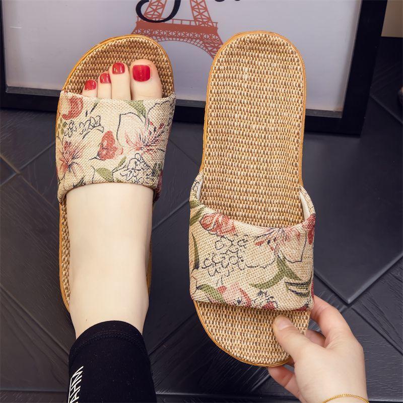 Four Seasons National Style Flax Cool Slippers Couples Breathable Home Use Flat Soft Sole Men's and Women's Confinement Baotou  Confinement Shoes