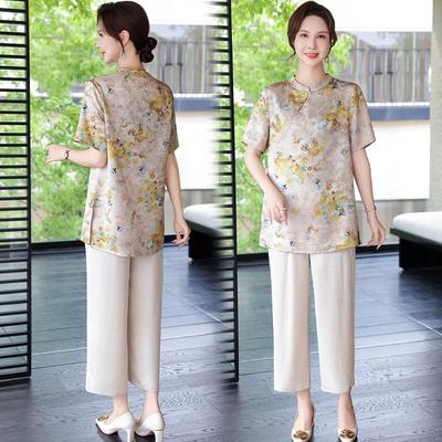 New Summer Qipao Blouse Set for Mothers: Stylish Short-Sleeved Two-Piece Outfit for Middle-Aged and Elderly Women