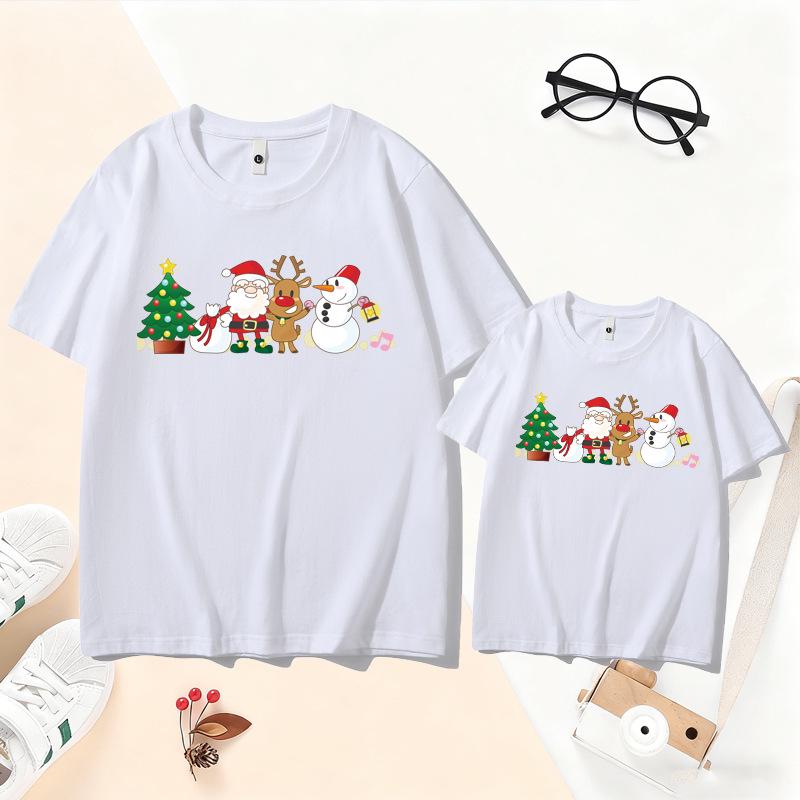Family Christmas Reindeer T-Shirt Set: New Year Parent-Child Santa Claus Outfit for 3-4 Members, Mother-Daughter Short Sleeve.