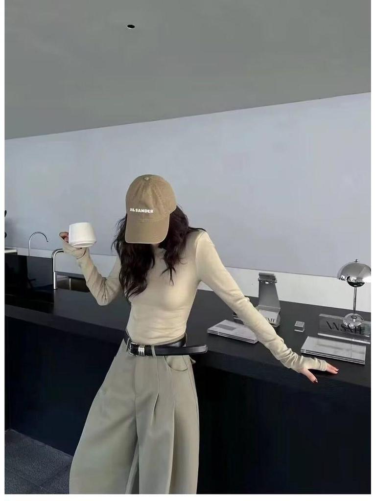 Women's White High-Neck Velvet Long Sleeve T-Shirt with Padded Shoulders - Slim Fit for Autumn/Winter 2025