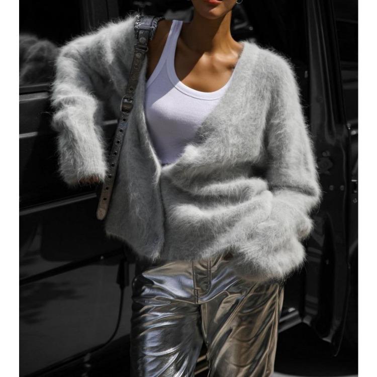 

Autumn Winter Women Knit Cardigan Coat V Neck Long Sleeve Faux Mink Loose Casual Sweater S светло-серый
