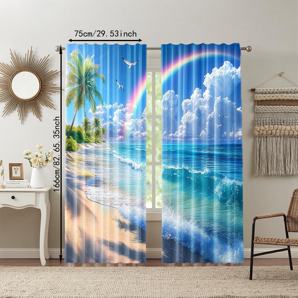 2 pcs   versatile polyester transparent curtains for home decoration Tropical Beach Palm Tree for use in bedrooms and living