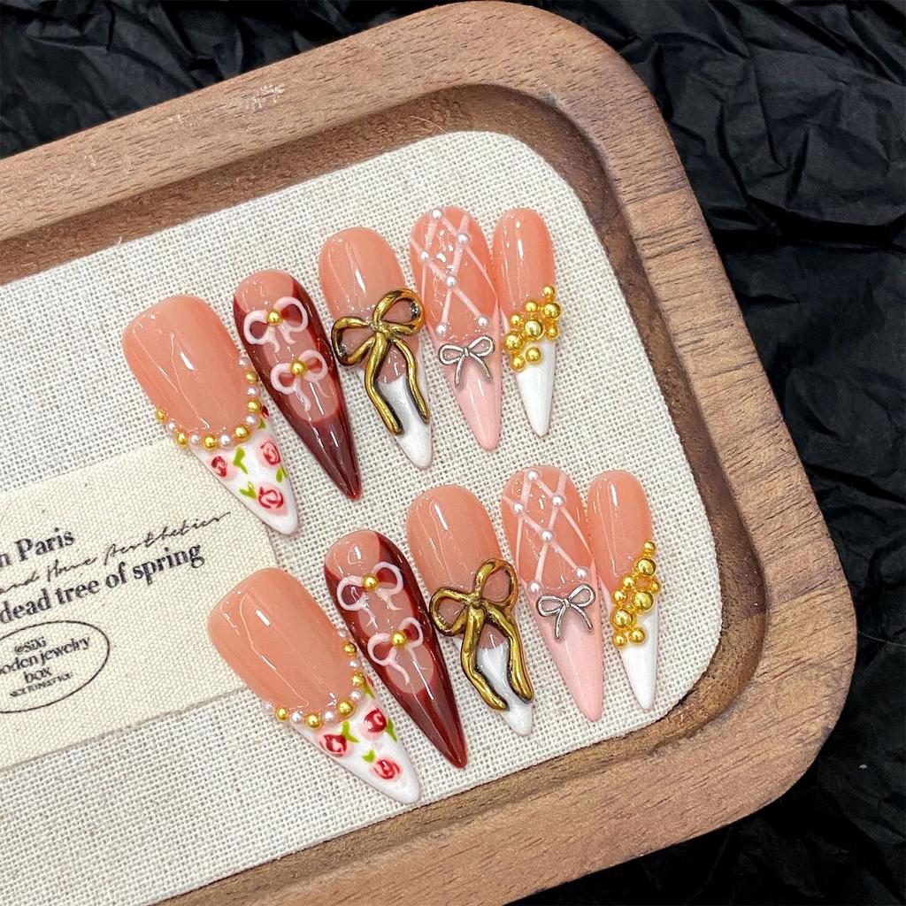 Tortoiseshell Press On Nails Long Red With Bowknot Design For Party Wedding