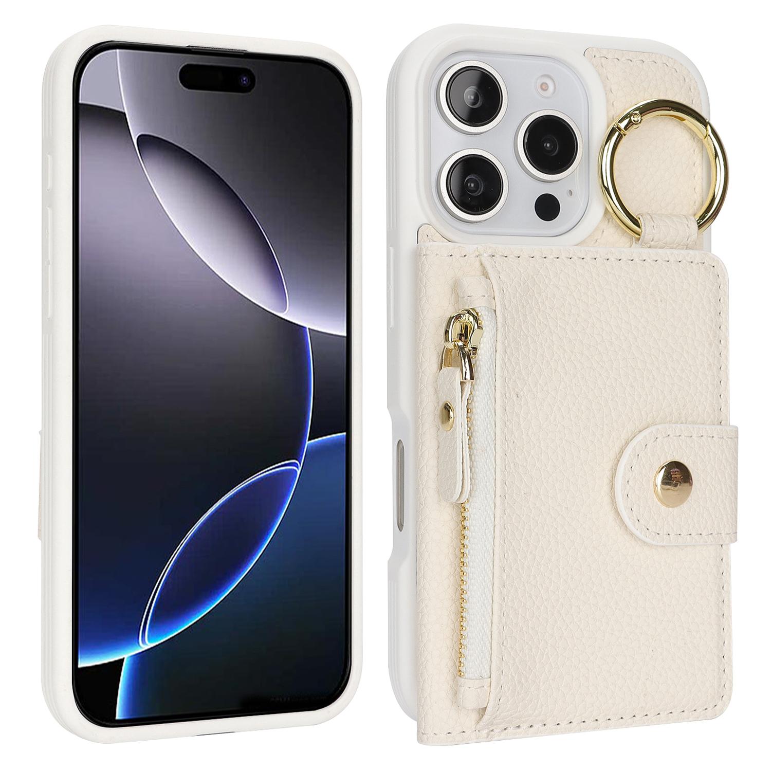 

For iPhone 16 Pro Max Case Litchi Textured PU Leather+TPU Kickstand Phone Cover with Card Slot White