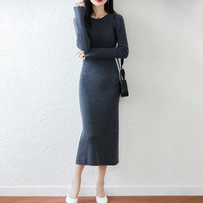 Elegant Women's Round Neck Slim Fit Wool Knit Dress