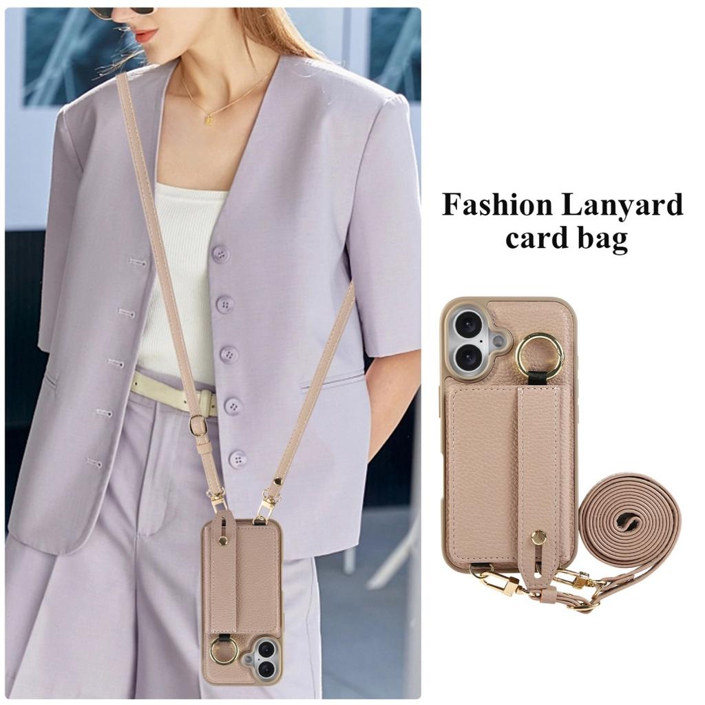 For iphone 16 15 14 Plus 16E Case PU Leather Wallet Bag Grip Strap Holder Neck Shoulder Long Crossbody Lanyard Ring Clasp Cover