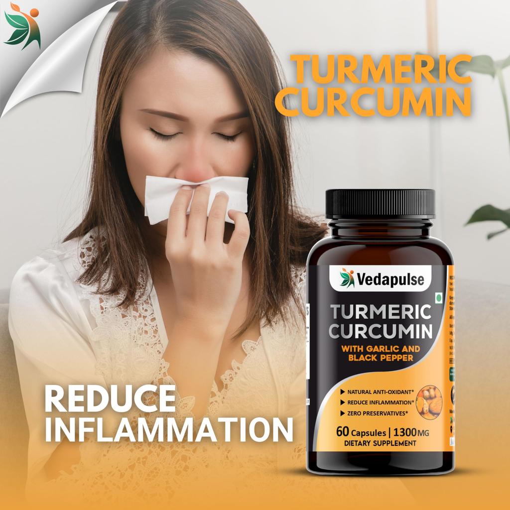 Vedapulse Turmeric Curcumin with Garlic & Black Pepper Capsules | Dietary Supplement | 60 Capsules