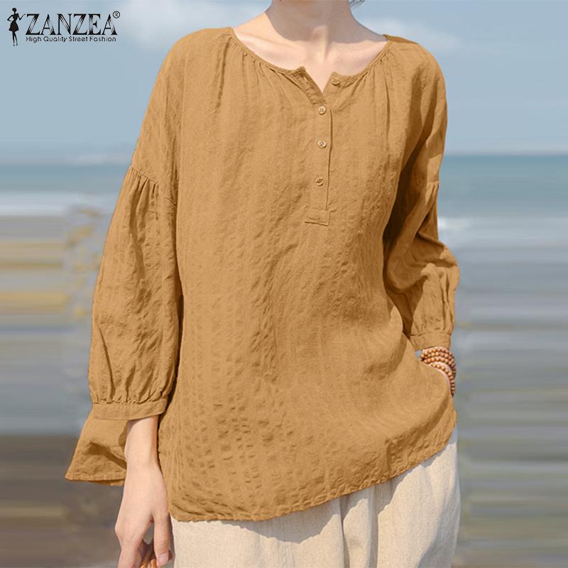 

ZANZEA Женская повседневная свободная блузка с круглым вырезом и рукавом девять четвертей