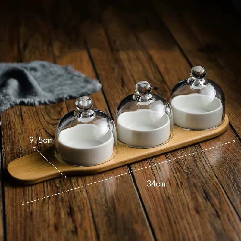 

Керамическая десертная миска с бамбуковым подносом и стеклянной крышкой – скандинавская тарелка для закусок, фруктов и мороженого White S - Set 3 60ml