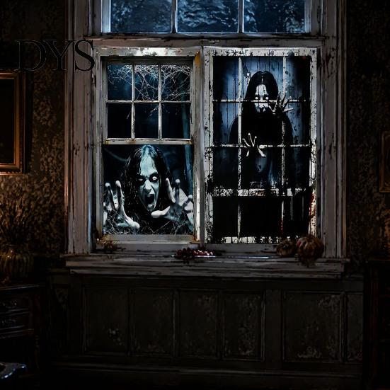 Festive Scene Layout 2Pcs Halloween Horror Window Clings, 80x120cm Spooky Ghost Skeleton Decorative Balcony Stickers Decal for Glass, Haunted