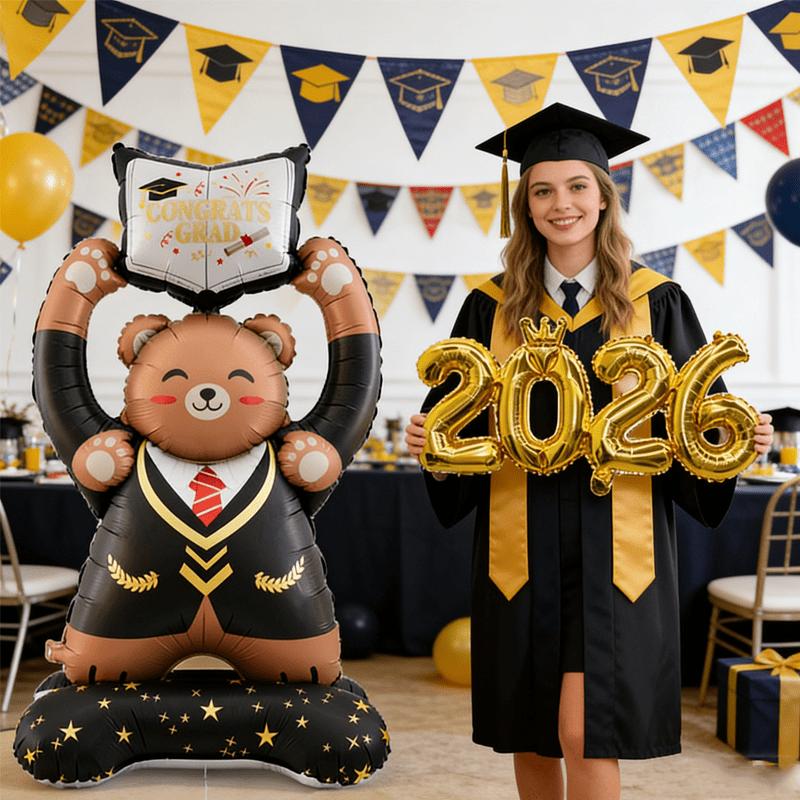 2pc 150cm Large Standing Certificate Graduation Bear and 2026 Shaped Balloon Set Suitable for Graduation Season Party Decoration