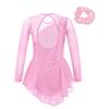 Girls Long Sleeve Dance Dress Round Neck Sequins Decor Flower Front Hollow Back Performance Outfit Hair Tie Headwear