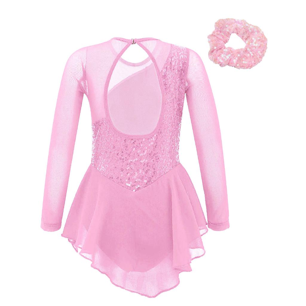 Girls Long Sleeve Dance Dress Round Neck Sequins Decor Flower Front Hollow Back Performance Outfit Hair Tie Headwear