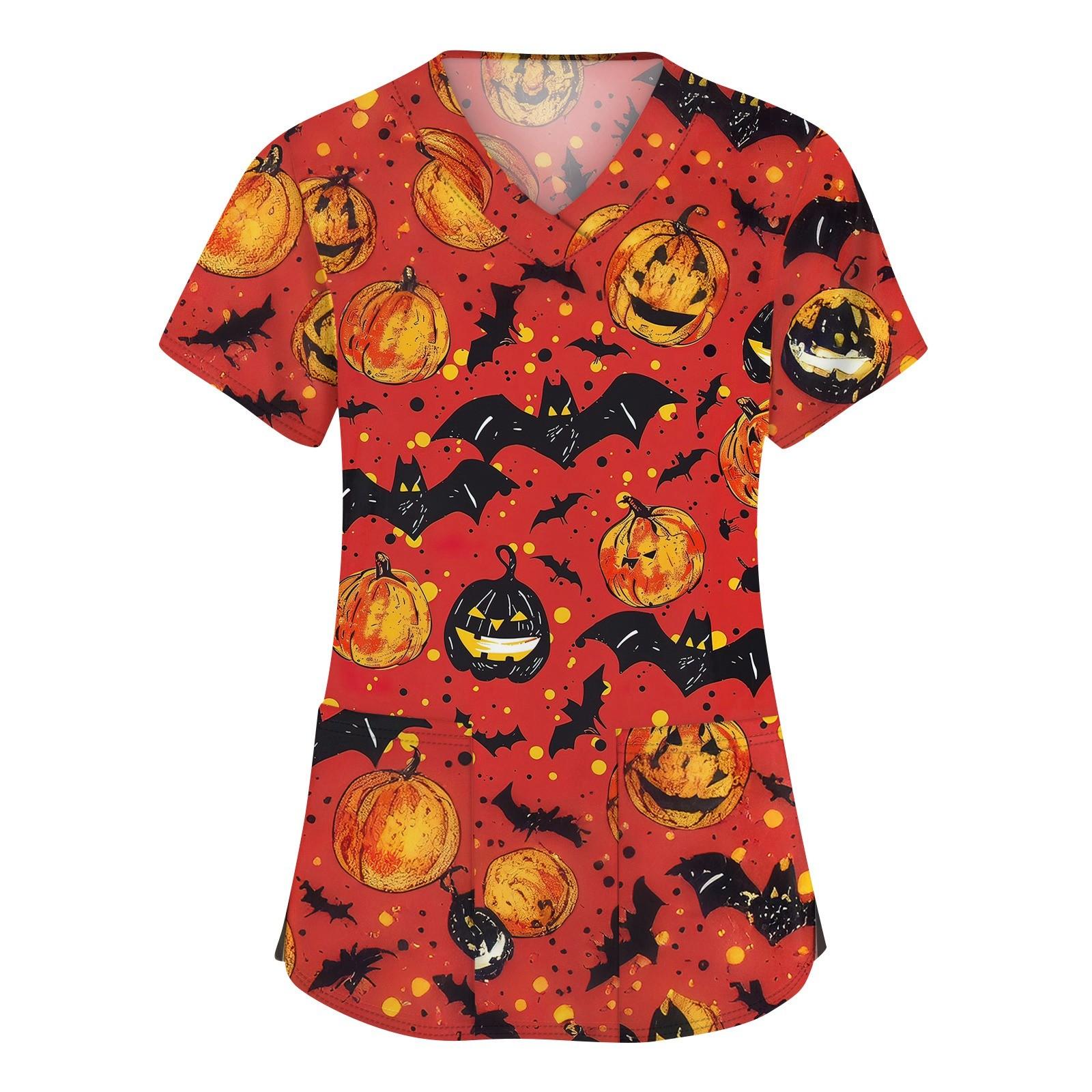 

Женская мода V-образным вырезом с короткими рукавами и карманами Топы с принтом на Хэллоуин S