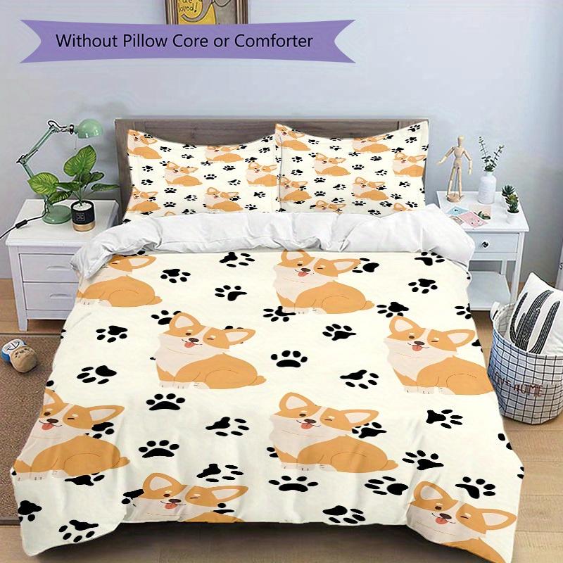 3pcs Corgi, Paw Prints Bedding Set, Breathable And Soft, Suitable for All Seasons Machine Washable, Suitable for Bedroom Decoration,yy250822174
