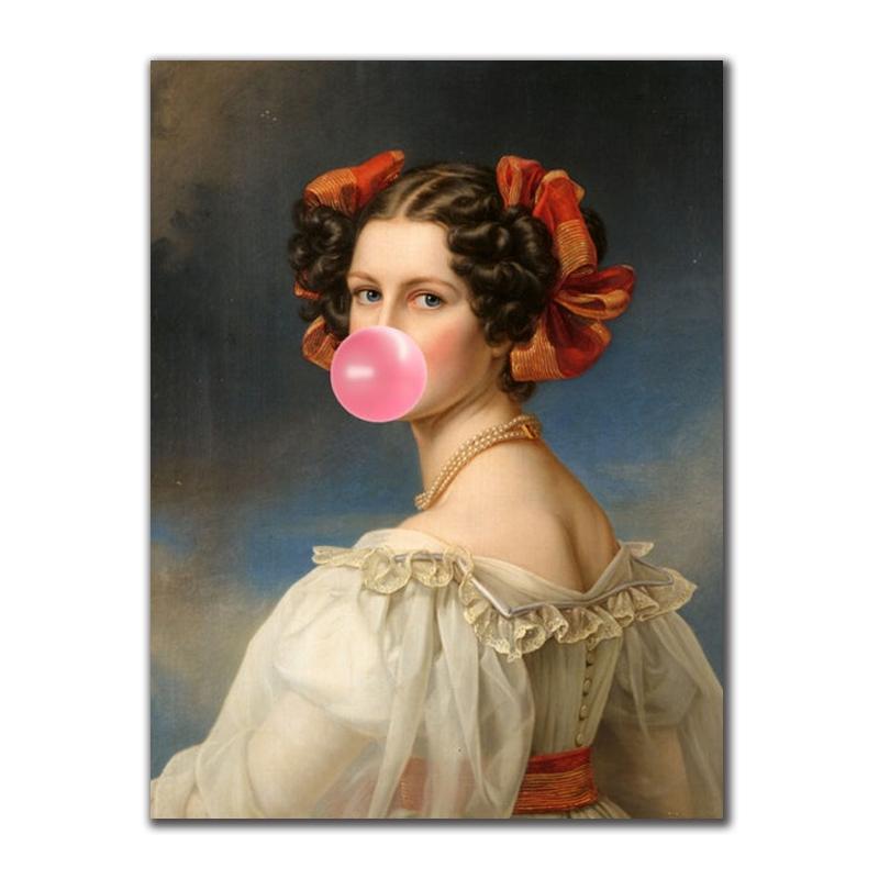 Klasik Sanat Mona Lisa Üfleme Pembe Balonlu Sakız Tuval Resimleri Poster Baskı Duvar Sanatı Resimleri için Oturma oda duvar dekoru Cuadros