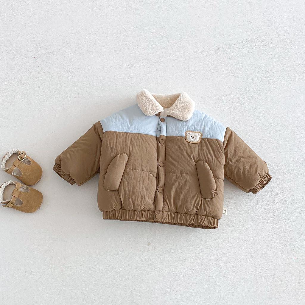 Boys Winter Puffer Jacket Korean Style Color Block Coat Thick Warm Bear Outerwear for Kids
