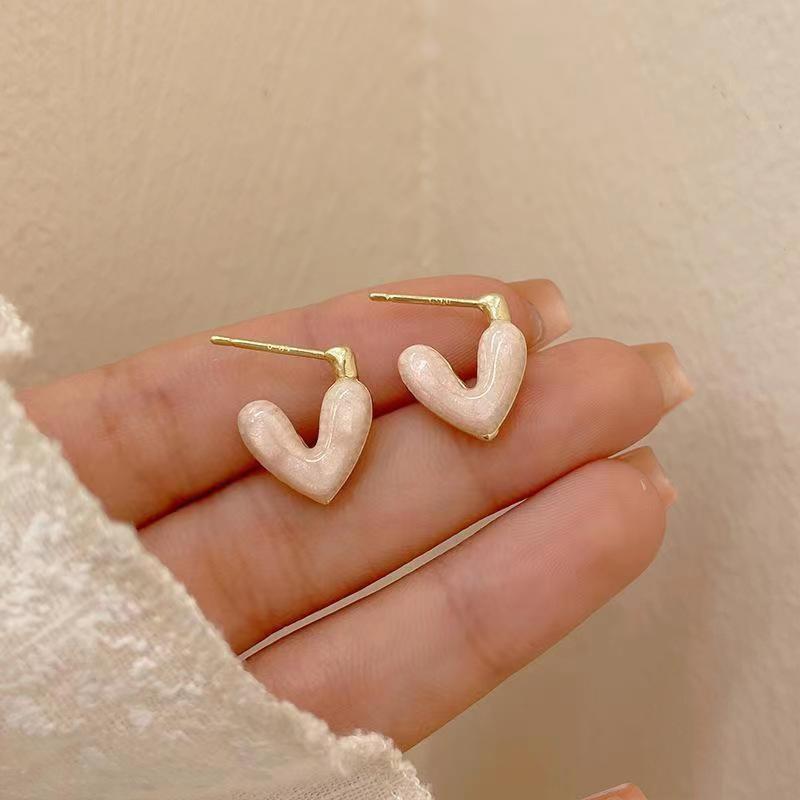Light Luxury Niche S925 Drop Glaze Love Stud Earrings Women'S French High-End Niche Fashion Exquisite And Versatile