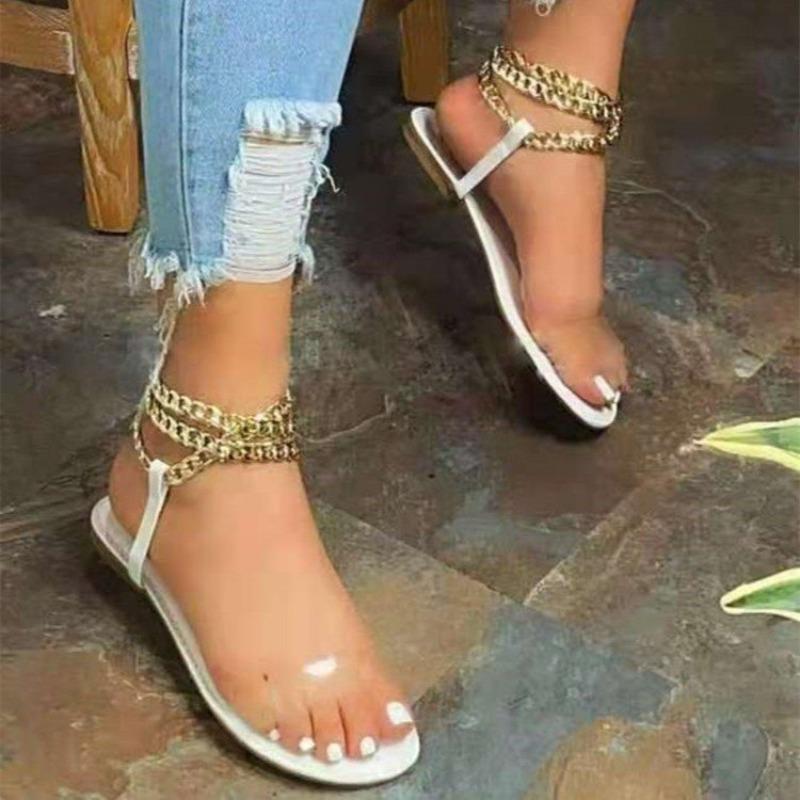 New flat bottom round head metal chain transparent sandals women wear beach sandals outside large size
