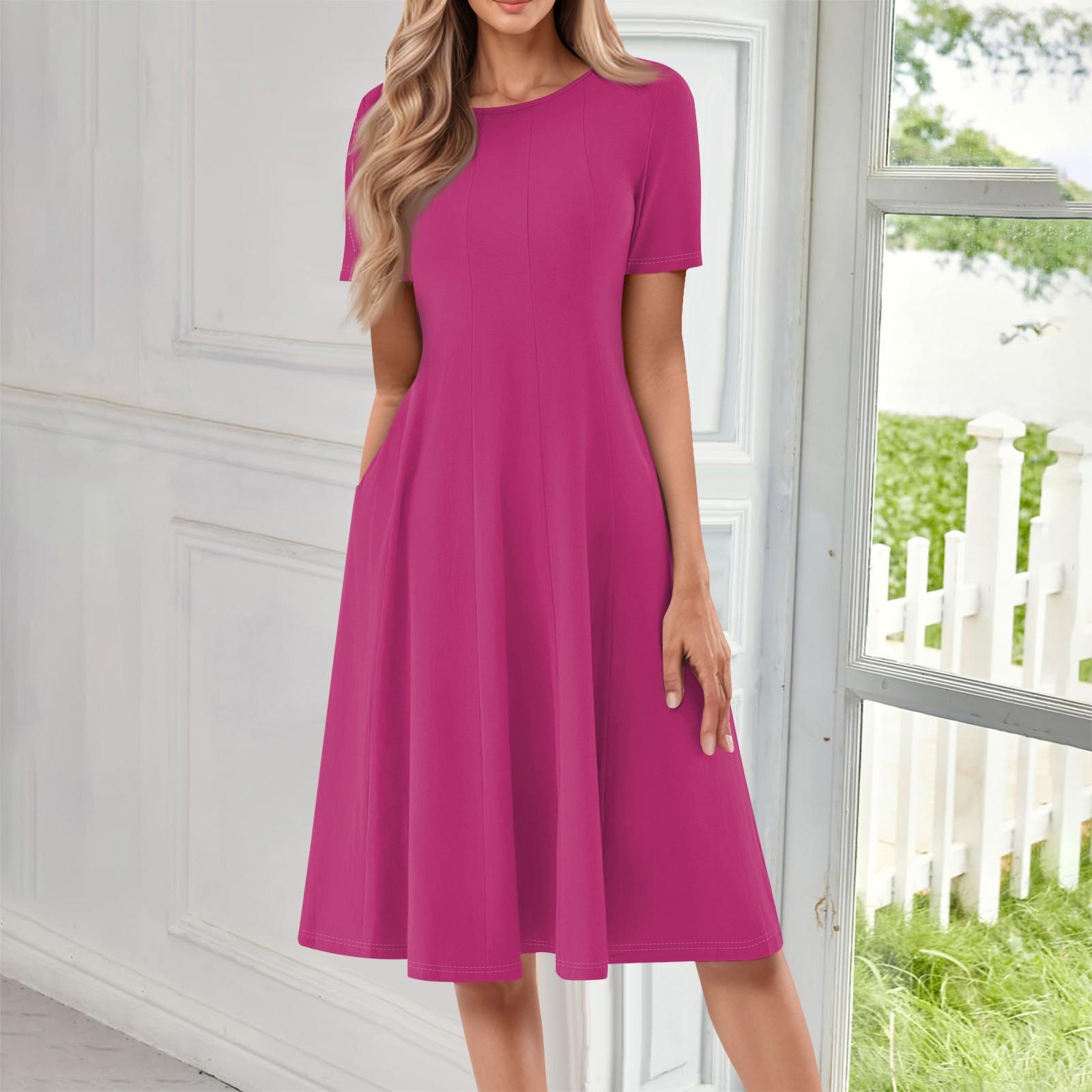 

Женское повседневное и модное платье с круглым вырезом и коротким рукавом, однотонное, средней длины XXXL